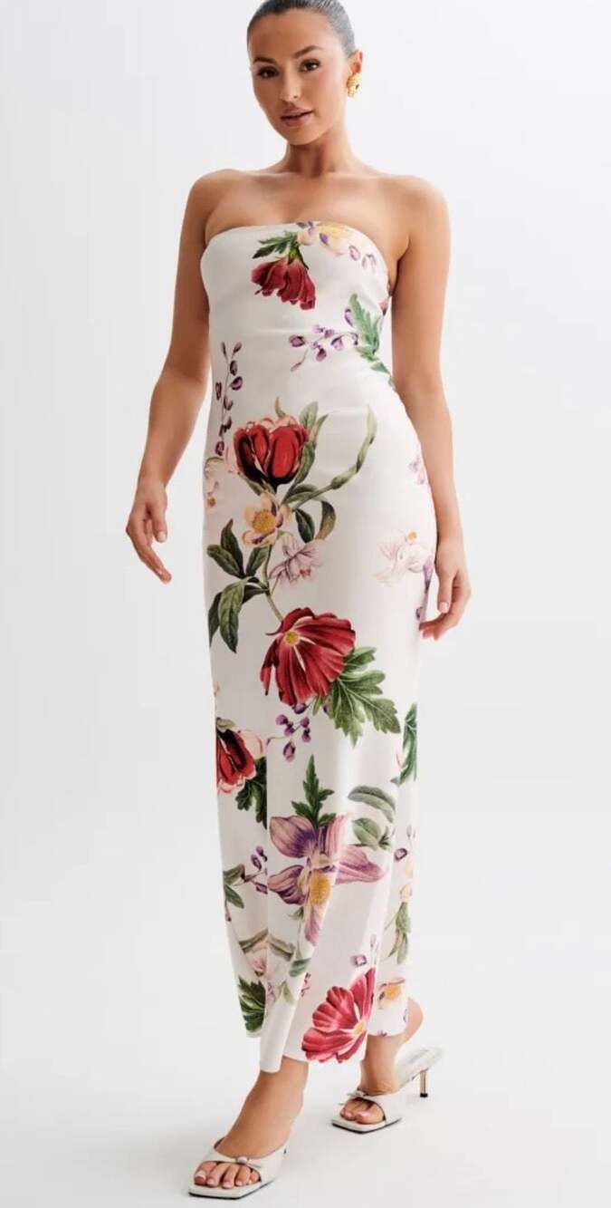 Meshki Claudette Strapless Satin Maxi Dress in Bella Rosa Print